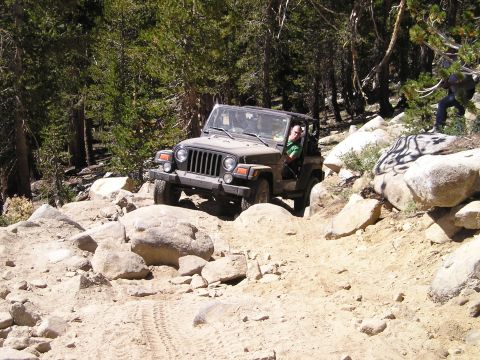 1989 Ford Bronco - A Jeep Wrangler tackles a challenging rocky path in a wooded area.