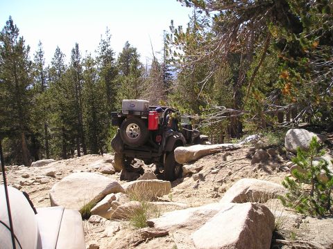 1989 Ford Bronco - An off-road vehicle traverses a challenging rocky path surrounded by trees.