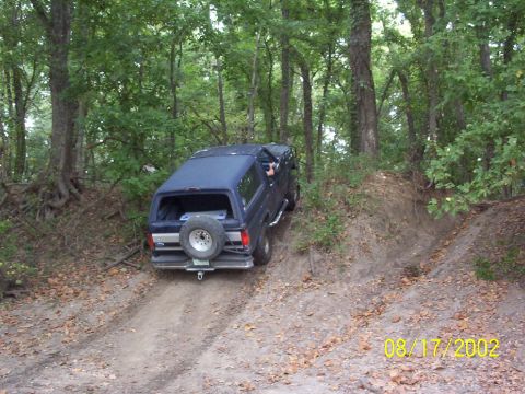 1991 Ford Bronco - A dark blue SUV navigates a wooded trail on a sunny day, with a spare tire mounted on its rear.