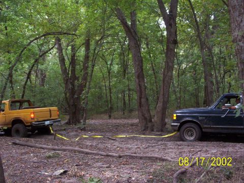 1991 Ford Bronco - A dark green Ford F-Series truck is assisting a yellow Ford Bronco in a wooded area on August 17, 2002.