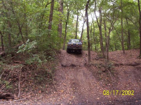 1991 Ford Bronco - A dark blue 1992 Ford Bronco navigates a steep dirt trail surrounded by trees.