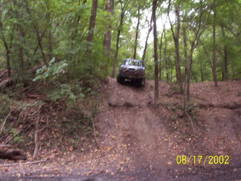 1991 Ford Bronco - A dark SUV navigates a steep dirt trail through a wooded area.