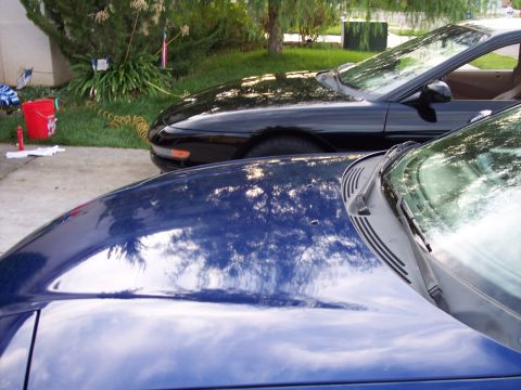 1995 Ford Probe - A black car is parked next to a blue car, with the hood and windshield of the black car prominently featured.