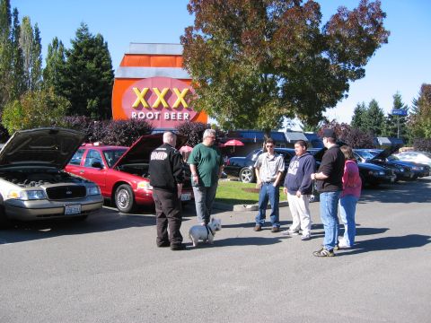 1999 Ford Crown Victoria - A gathering of Ford Crown Victorias outside a XXX Root Beer restaurant on a sunny day.