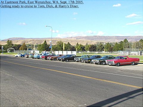 1967 Ford Ranchero - A row of vintage vehicles are parked at Eastmont Park, ready for a cruise.