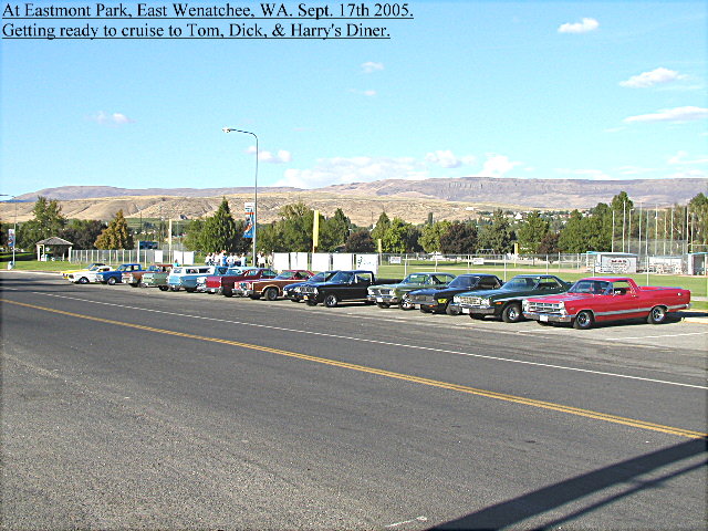Row of classic cars parked at an Eastmont Park cruise-in