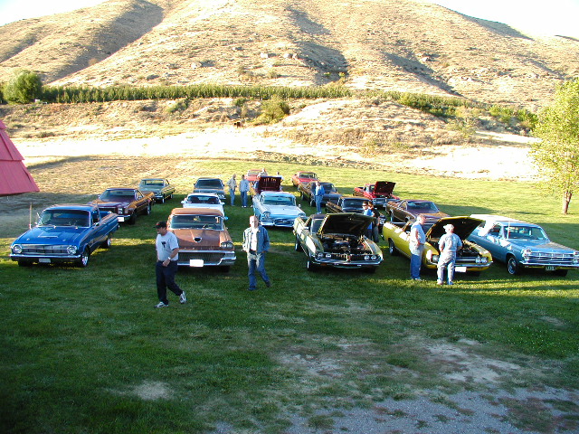 1967 Ford Ranchero and other classic cars parked on grass