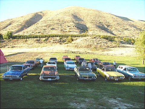 1967 Ford Ranchero - Several vintage automobiles are gathered on a grassy field under a large, sun-drenched hill.