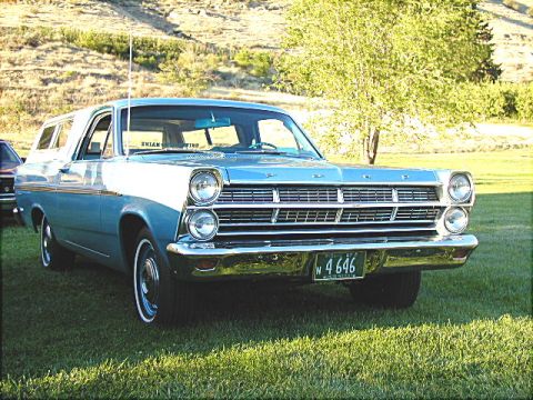 1967 Ford Ranchero - Front view of a light blue 1967 Ford Ranchero with a white roof, parked outdoors.