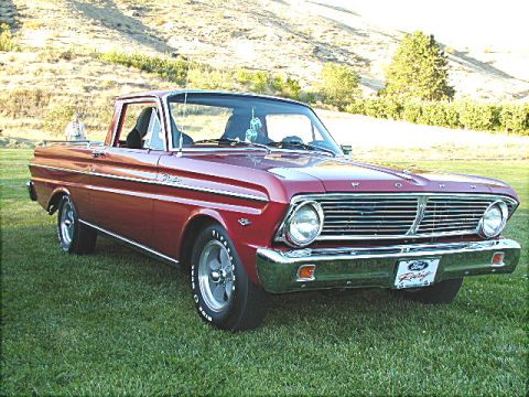 1967 Ford Ranchero - This red 1964 Ford Falcon Ranchero pickup truck is shown from a 3/4 front angle on a grassy field.