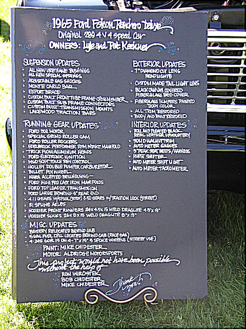 1967 Ford Ranchero - Sign lists extensive modifications for a 1965 Ford Falcon Ranchero, including suspension, running gear, exterior, and interior updates.
