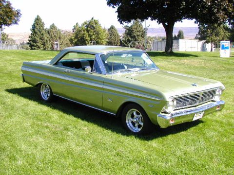 1967 Ford Ranchero - A 1965 Ford Falcon coupe is parked on a grassy lawn with trees in the background.