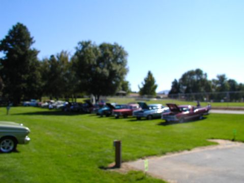 1967 Ford Ranchero - A collection of vintage automobiles are displayed on a sunny day in a park-like setting.