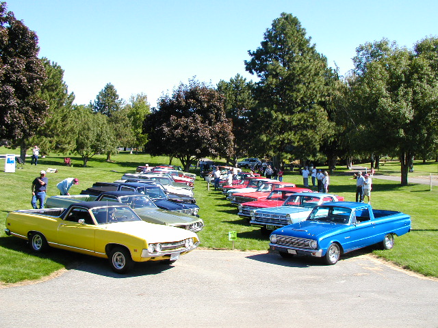 Rows of classic Ford Rancheros at an outdoor car show, yellow and blue in front