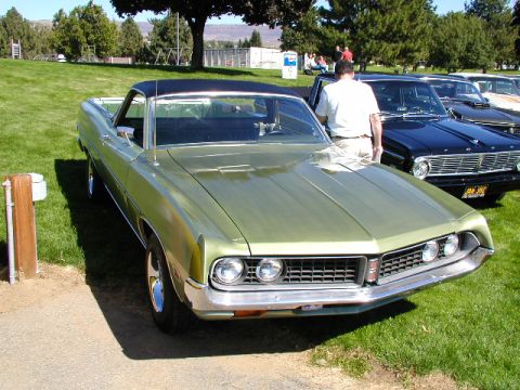 1967 Ford Ranchero - A green 1968 Ford Ranchero is parked on a grassy field next to other vehicles.