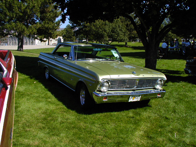 Green 1965 Ford pickup truck front view with chrome grille and license plate