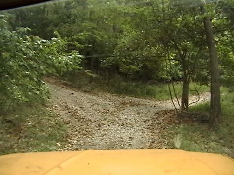1986 Ford Bronco - View from inside a vehicle looking out at a gravel road and trees.