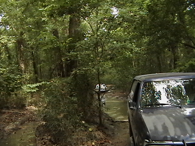 Dark SUV on muddy forest road, 1986 Ford Bronco