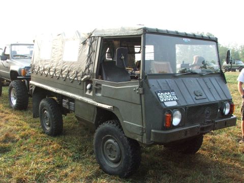1996 Ford Bronco - A military-style truck with a canvas top is parked in a grassy field next to another vehicle.