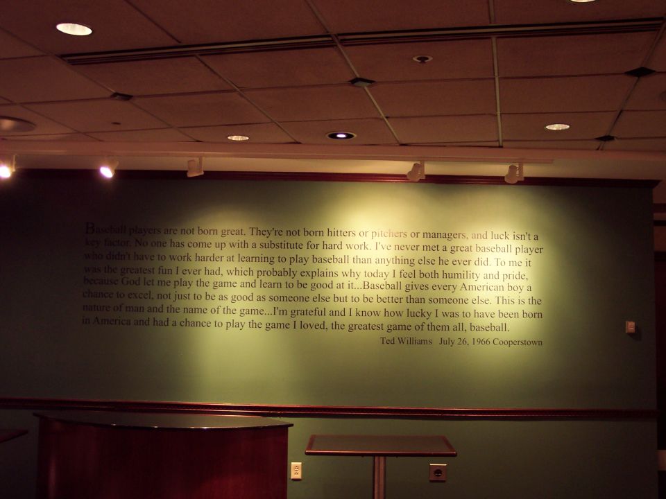 Green wall with large quote by Ted Williams, dated July 26, 1966