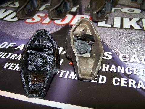 1979 Ford F-150 - Comparison of a clean and an oily rocker arm, set against a backdrop of promotional text.