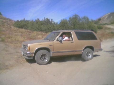 1990 Ford Bronco - gold two-door Chevrolet S-10 Blazer-style SUV sits on a dirt road with a person in the driver's seat.
