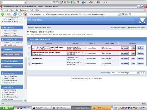 1993 Ford Probe - A screenshot displays a web page with a list of stored bulk emails, including subject, sender, and options to re-send or delete.