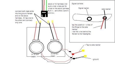 1997 Ford Probe - Hand-drawn wiring diagram showing dual-headlight high/low-beam connections and side-marker/signal taps with color-coded wires and handwritt…