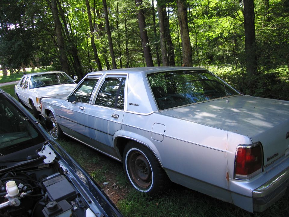Silver Ford Crown Victoria parked next to a white car in a wooded area