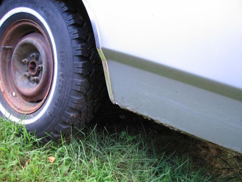 1991 Ford LTD Crown Victoria - The lower body panel and wheel of a vehicle are shown, with grass visible below.