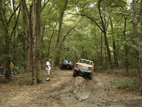1986 Ford Bronco - Two trucks navigate a muddy path in a dense forest.