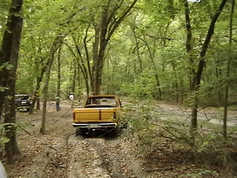 1986 Ford Bronco - A yellow pickup truck navigates a muddy, wooded path with another vehicle visible in the distance.