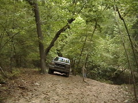 1986 Ford Bronco - A 1986 Ford Bronco navigates a muddy path through a dense forest.
