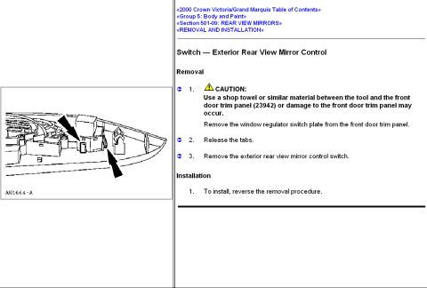 2000 Ford Crown Victoria - This diagram illustrates the removal and installation procedure for the exterior rear view mirror control switch on a vehicle door panel.