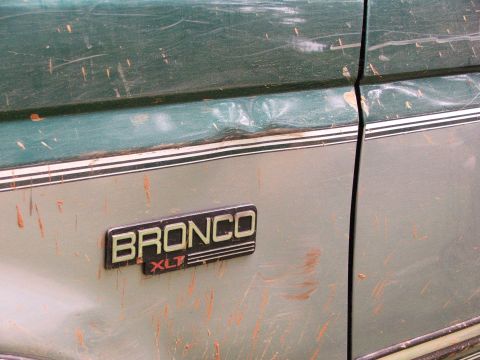 1996 Ford Bronco - Close-up of the Bronco XLT badge on a muddy vehicle side panel.