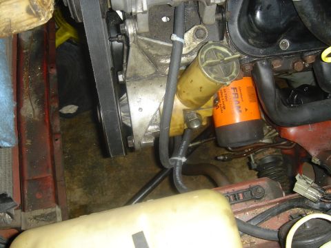 1986 Ford Mustang - Close-up of engine components including an oil filter and drive belts.