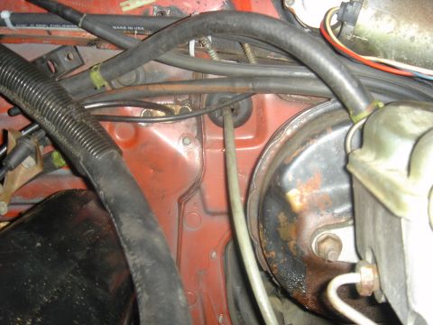 1986 Ford Mustang - Close-up view of engine bay components including hoses and brake booster.