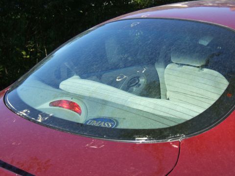 1998 Ford Taurus - A dusty rear window reveals the interior of a red car, including its seats and steering wheel.