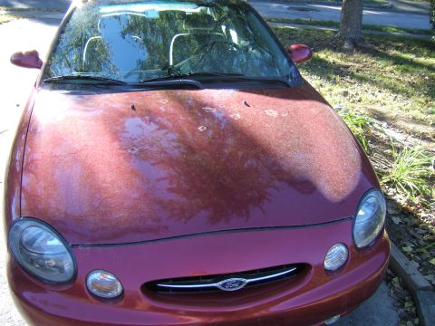 1998 Ford Taurus - Front view of a red 1998 Ford Taurus with damage on the hood.
