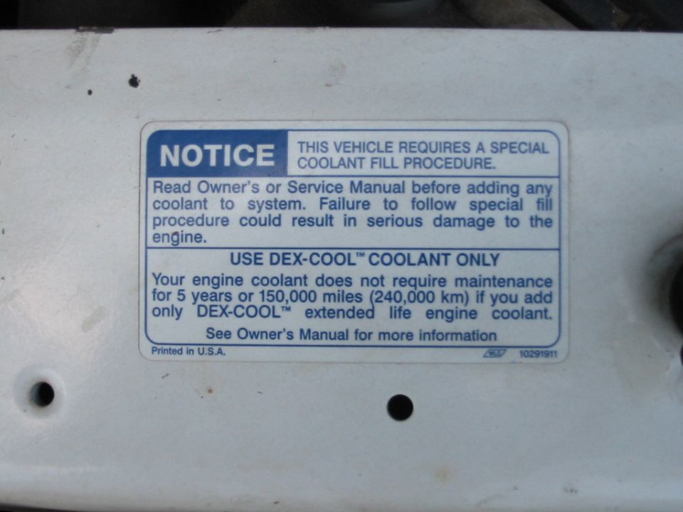 DEX-COOL coolant notice label requiring special fill procedure