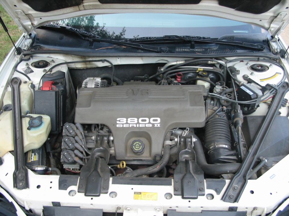 GM 3800 Series II V6 engine bay in a white car with hood open