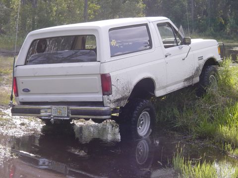 1989 Ford Bronco - This 1989 Ford Bronco is shown off-roading in a muddy, watery area with tall grass and trees in the background.
