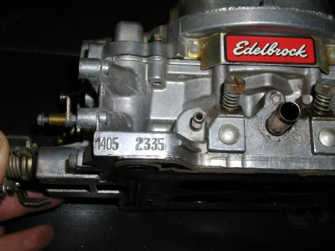 1967 Ford Ranchero - This Edelbrock carburetor features stamped part numbers 1405 and 2335, indicating its specific model and manufacturing date.