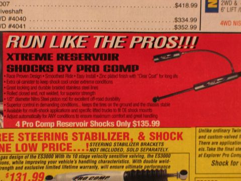 1995 Ford Bronco - Advertisement details Pro Comp Xtreme Reservoir Shocks and steering stabilizers with pricing and features.
