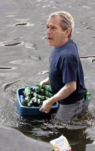 1989 Ford Bronco - George W. Bush carries a tub of beer bottles through the water, with a Supermotors.net logo at the bottom.