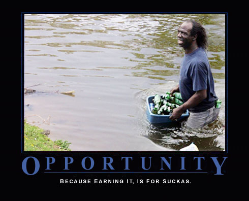 Man carrying tub of beer bottles in water, with text "OPPORTUNITY"