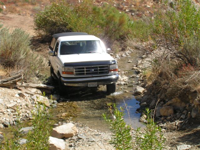 White Ford Bronco driving through a shallow stream, front view. Hood deflector and aftermarket wheels visible