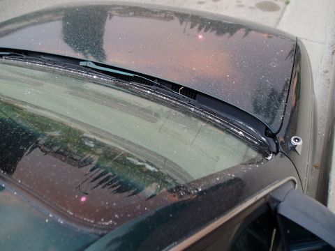 1995 Ford Taurus - Top-down view of a dusty car hood and windshield, showing the driver's side mirror.