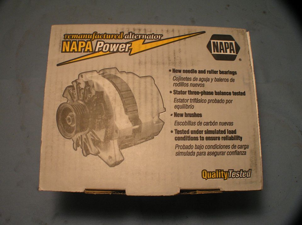 Refurbished Ford Powerstroke alternator from Napa with a 3-year warranty.