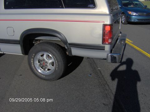 1996 Ford Mustang - Rear view of a pickup truck with a blue sedan visible behind it on the road.